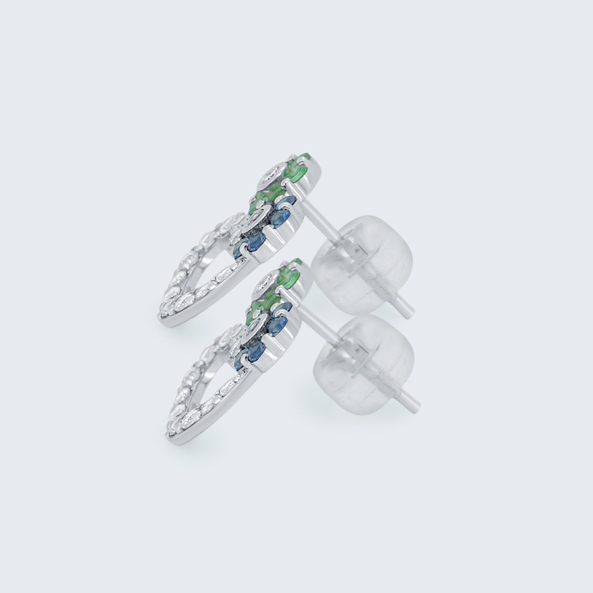 ダイヤモンド、サファイア&グリーンガーネット ピアス – 18Kホワイトゴールド