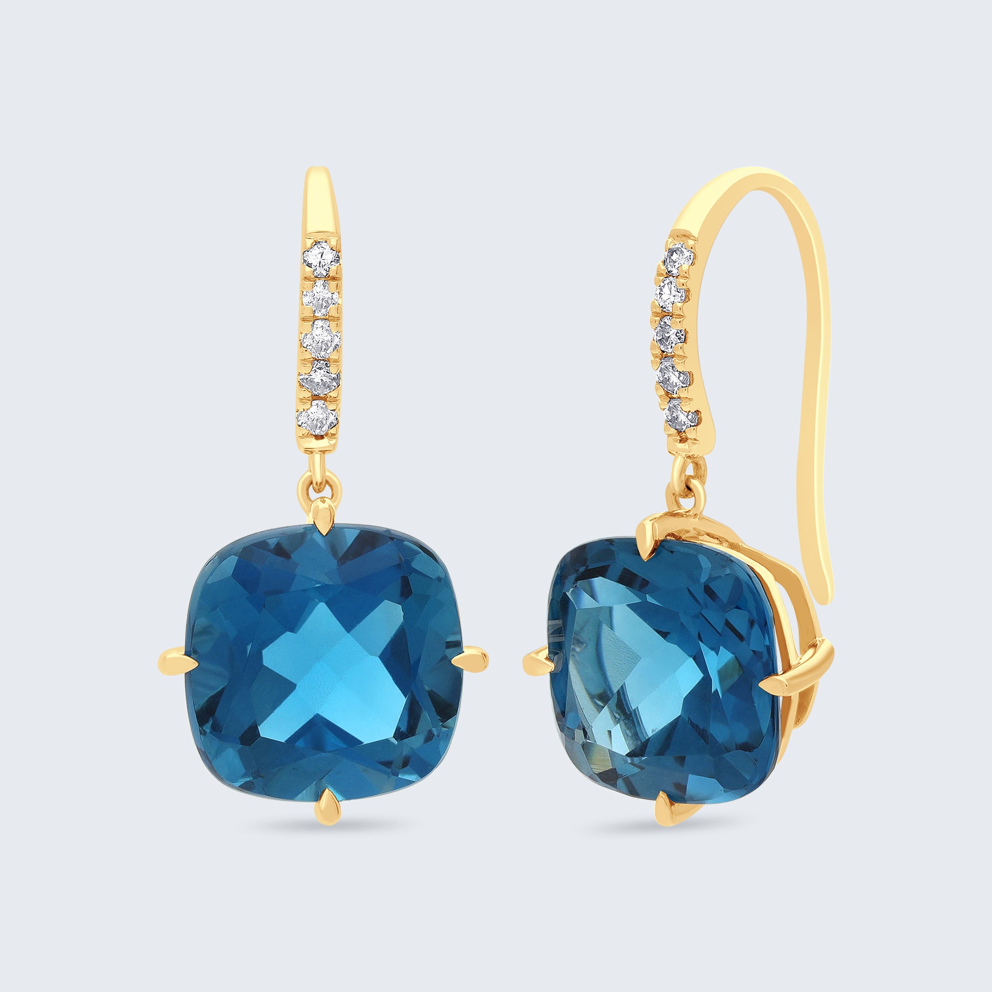 ミッドナイトブルー クッション ダイヤモンド ドロップイヤリング - 18Kゴールド