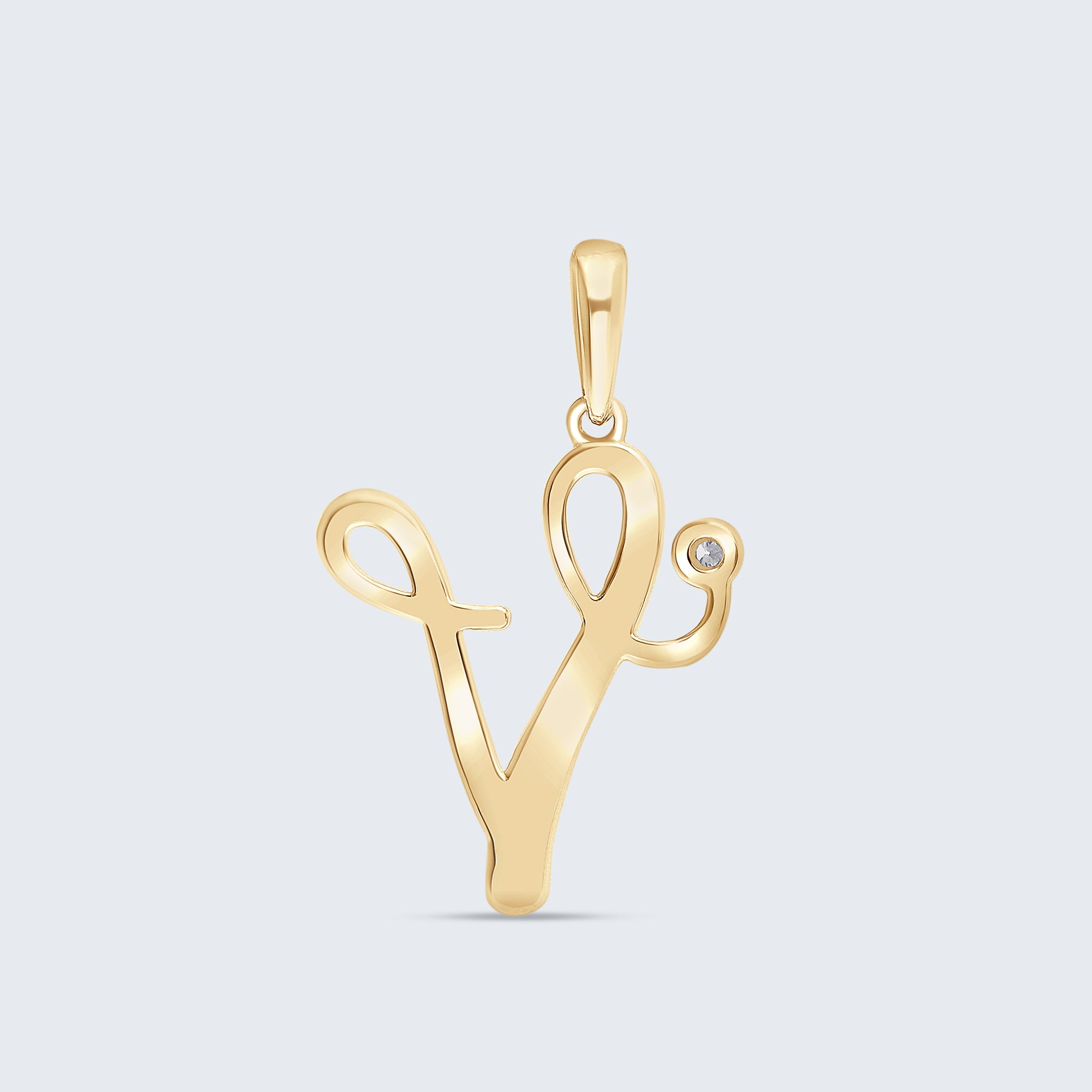 K18 イニシャルペンダント「V」 – 0.01ct ダイヤモンド(チェーンはオプション)