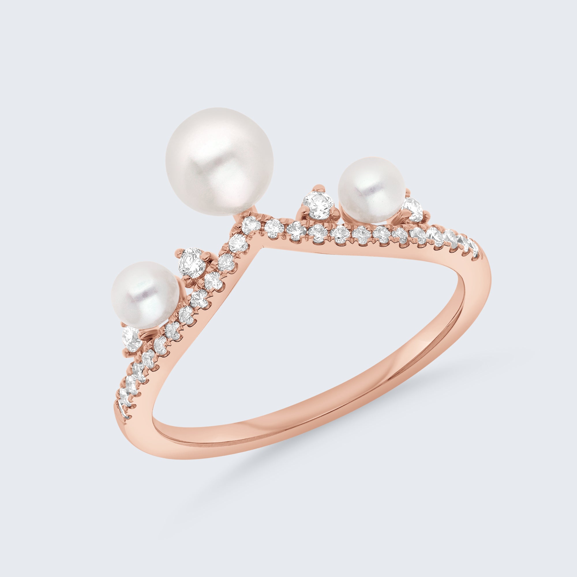 パール&ダイヤモンド ウェーブリング – 18Kゴールド、0.20カラット