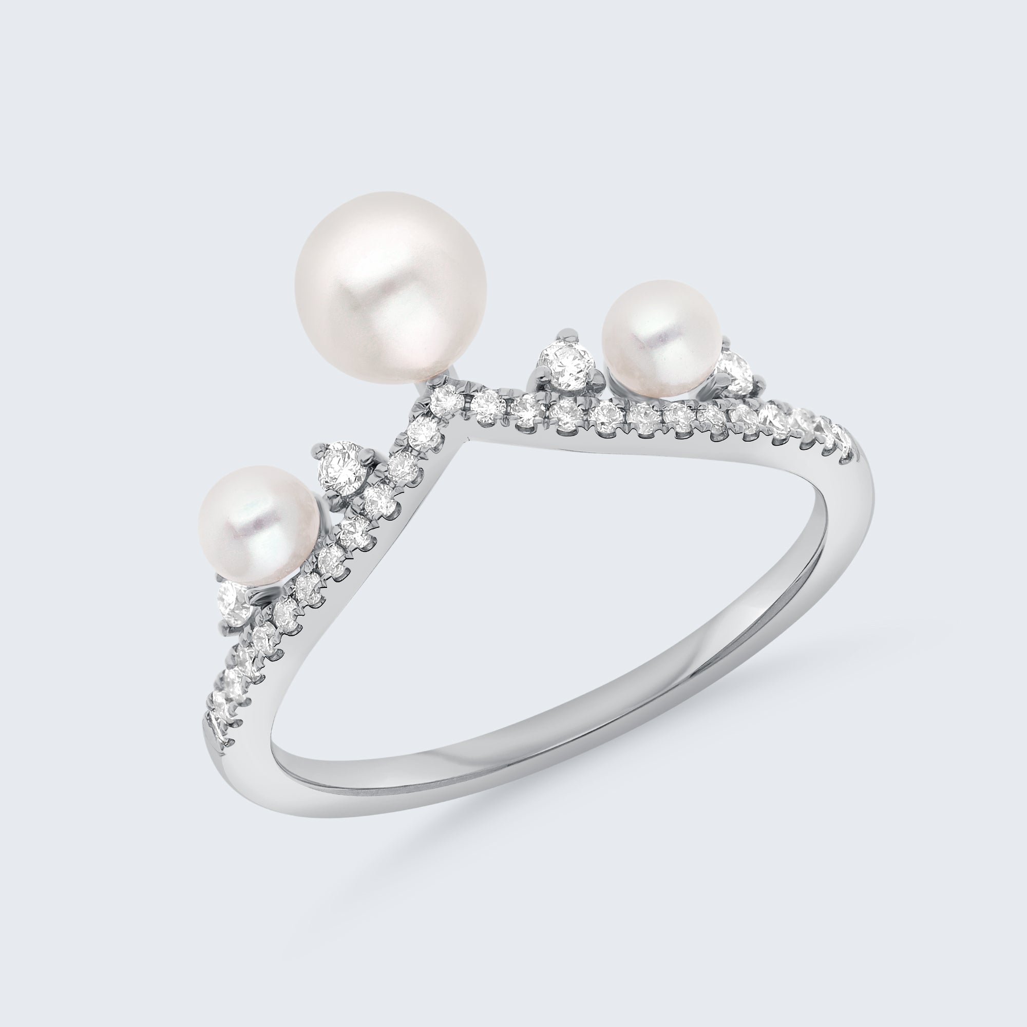 パール&ダイヤモンド ウェーブリング – 18Kゴールド、0.20カラット