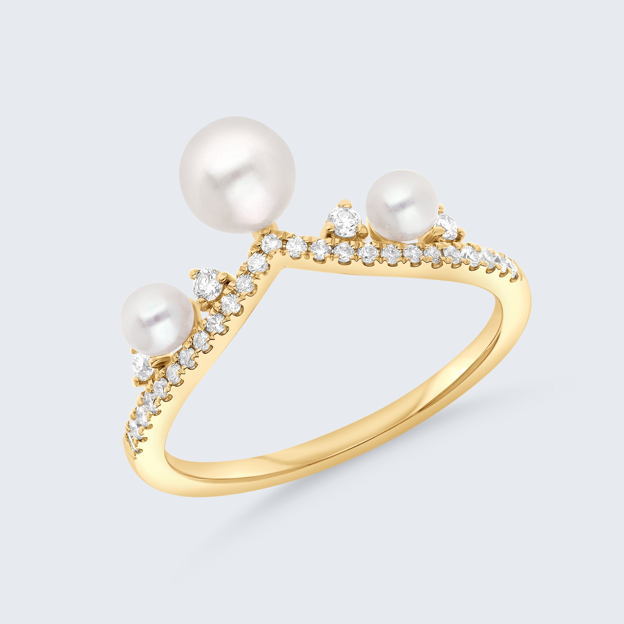 パール&ダイヤモンド ウェーブリング – 18Kゴールド、0.20カラット