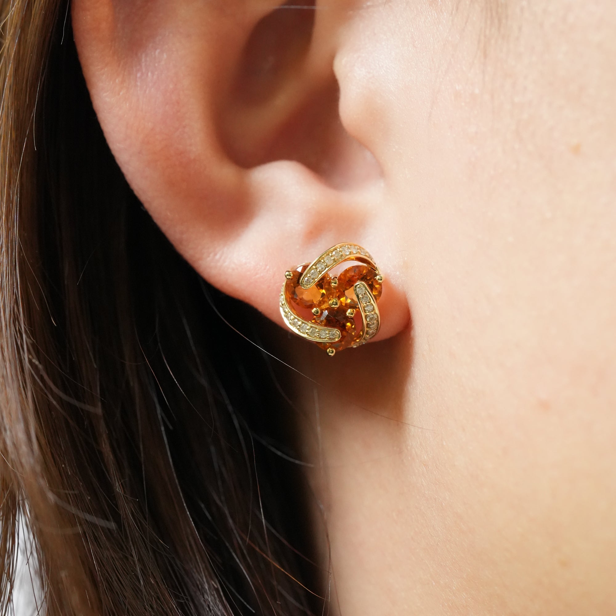 シトリン&ダイヤモンド ピアス – 18Kイエローゴールド