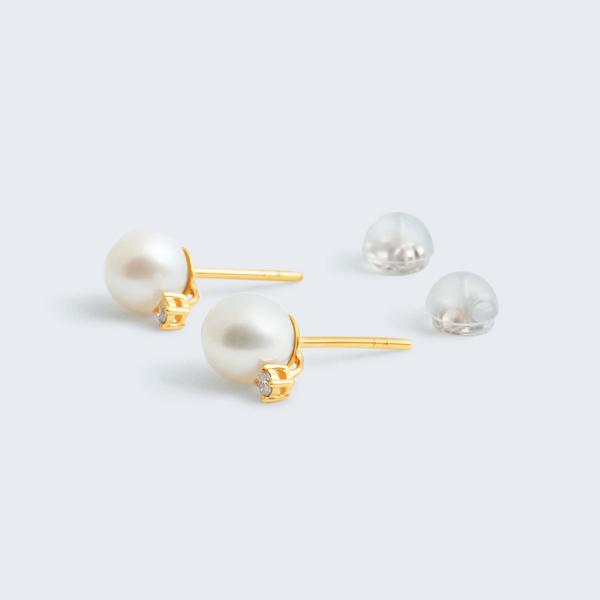 淡水パール&ダイヤモンド ピアス – 18Kイエローゴールド/ピンクゴールド、0.04カラット