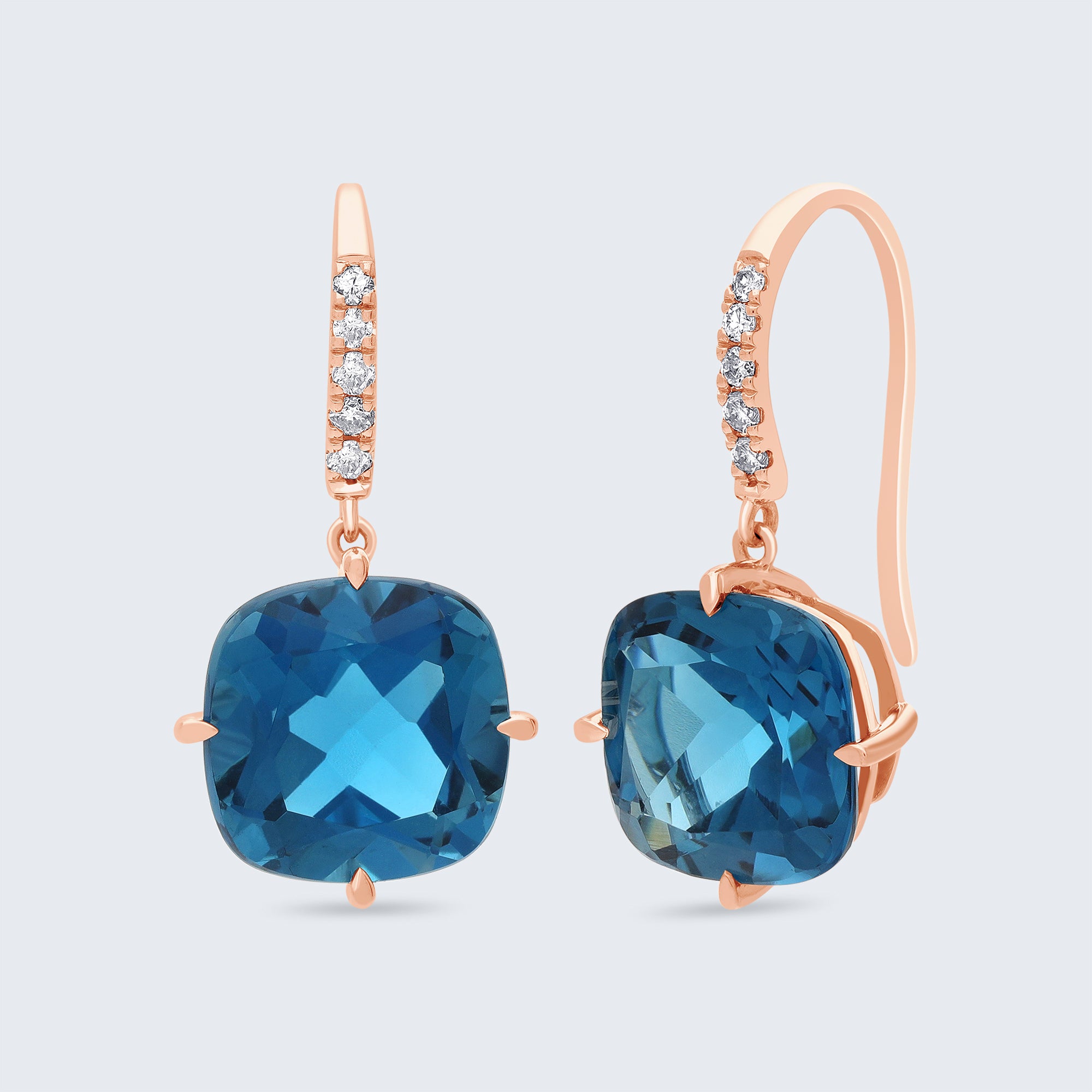 ミッドナイトブルー クッション ダイヤモンド ドロップイヤリング - 18Kゴールド